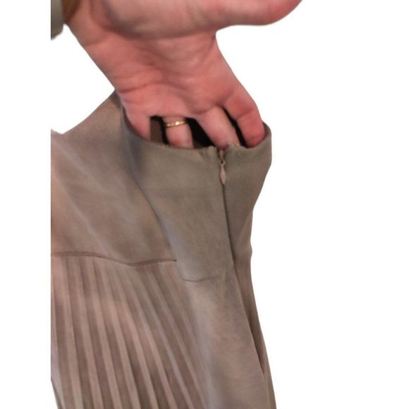 SHE & SKY Beige Pleated Dress Size Large Faux Suede Straps Fit & Flare A line - Picture 4 of 7